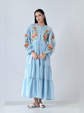 Samant Chauhan Powder Blue Embroidered Tiered Dress Size S